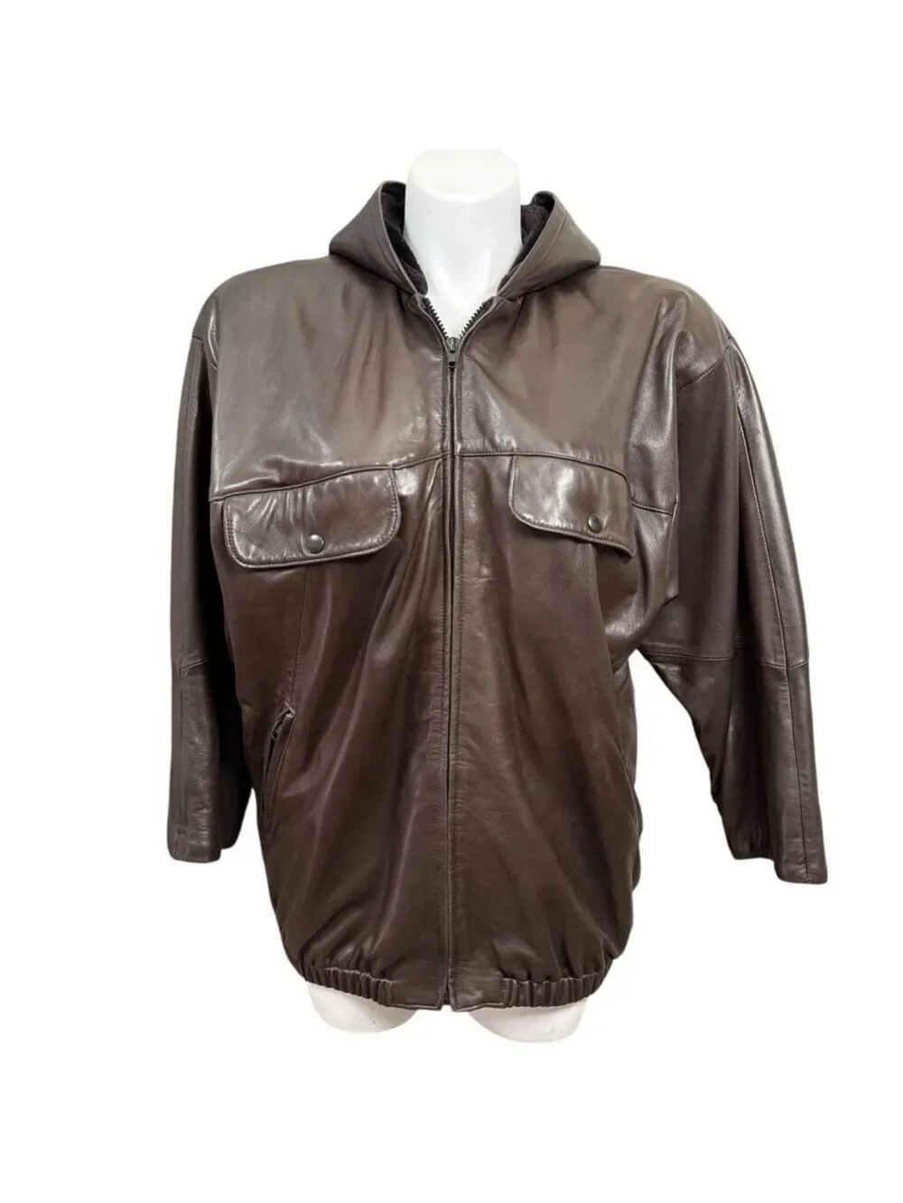 Vintage Positano Pelle Brown Leather Hooded Jacket Women's XL‎ USA Made